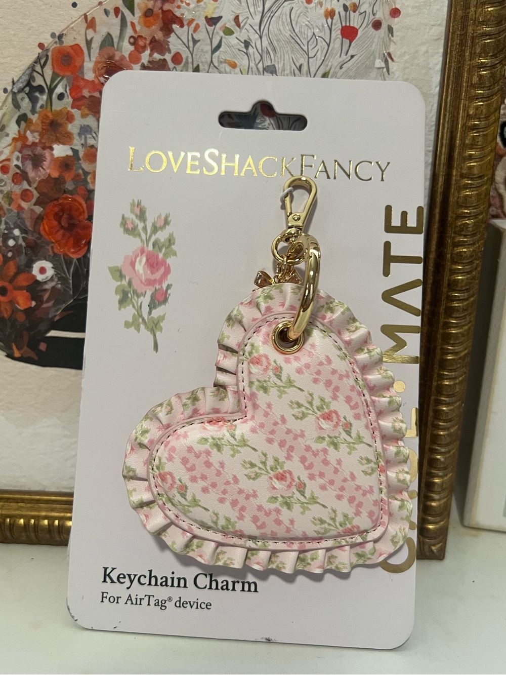 LoveShackFancy Pink Floral Heart Keychain with Gold Hardware